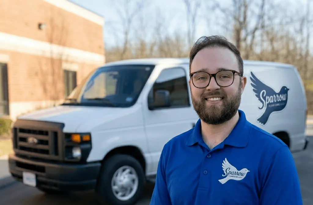 Sparrow Floor Care technician beside the company van